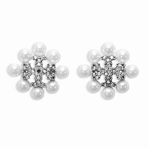 Tory Burch Kira Pavé Double T & Imitation Pearl Stud Earrings in Silver.